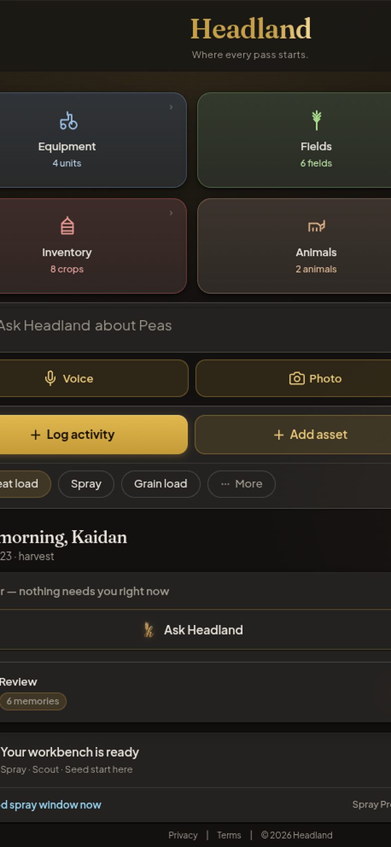 Headland home dashboard showing Equipment, Fields, Inventory, and Animals together in one farm record