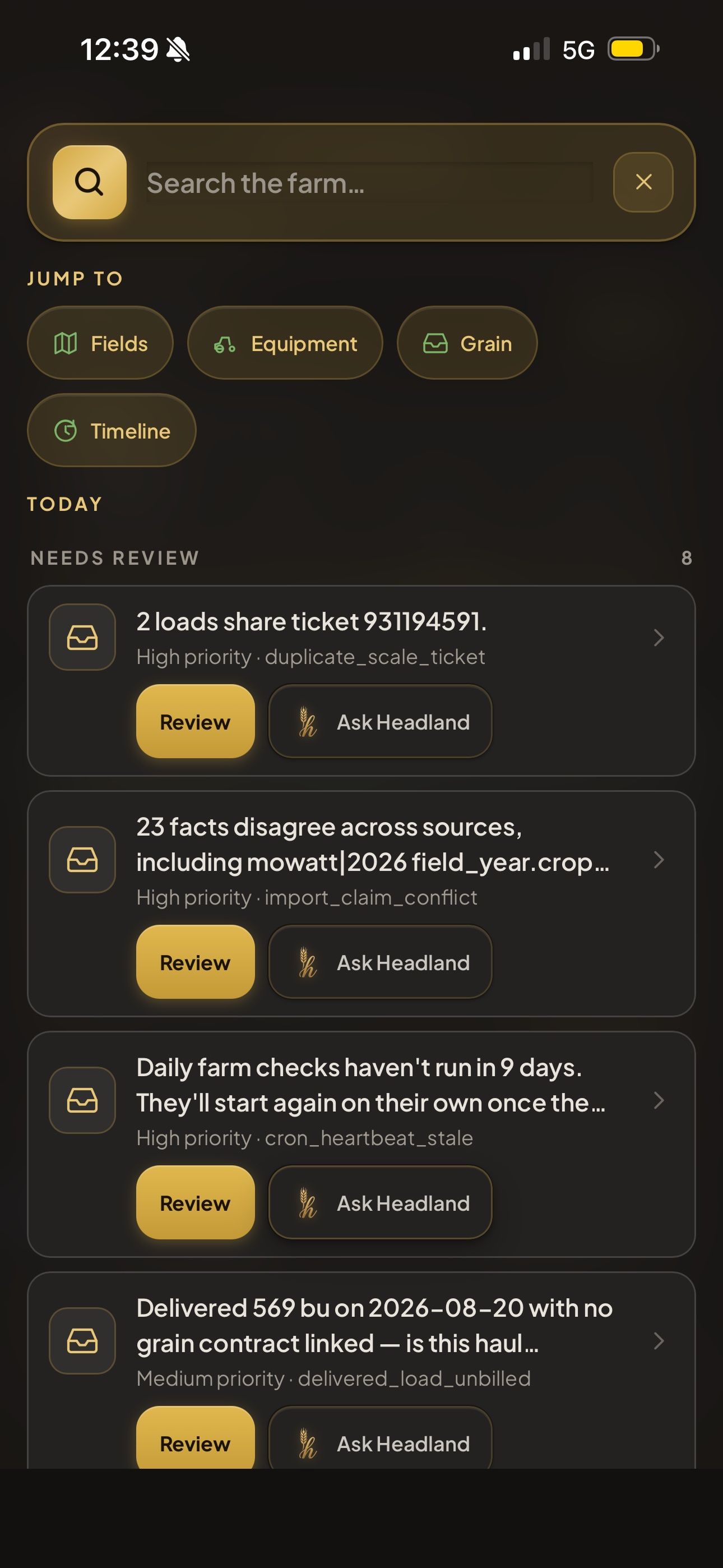 Headland iPhone review queue showing a duplicate scale ticket, disagreements across sources, and a delivered load with no grain contract linked