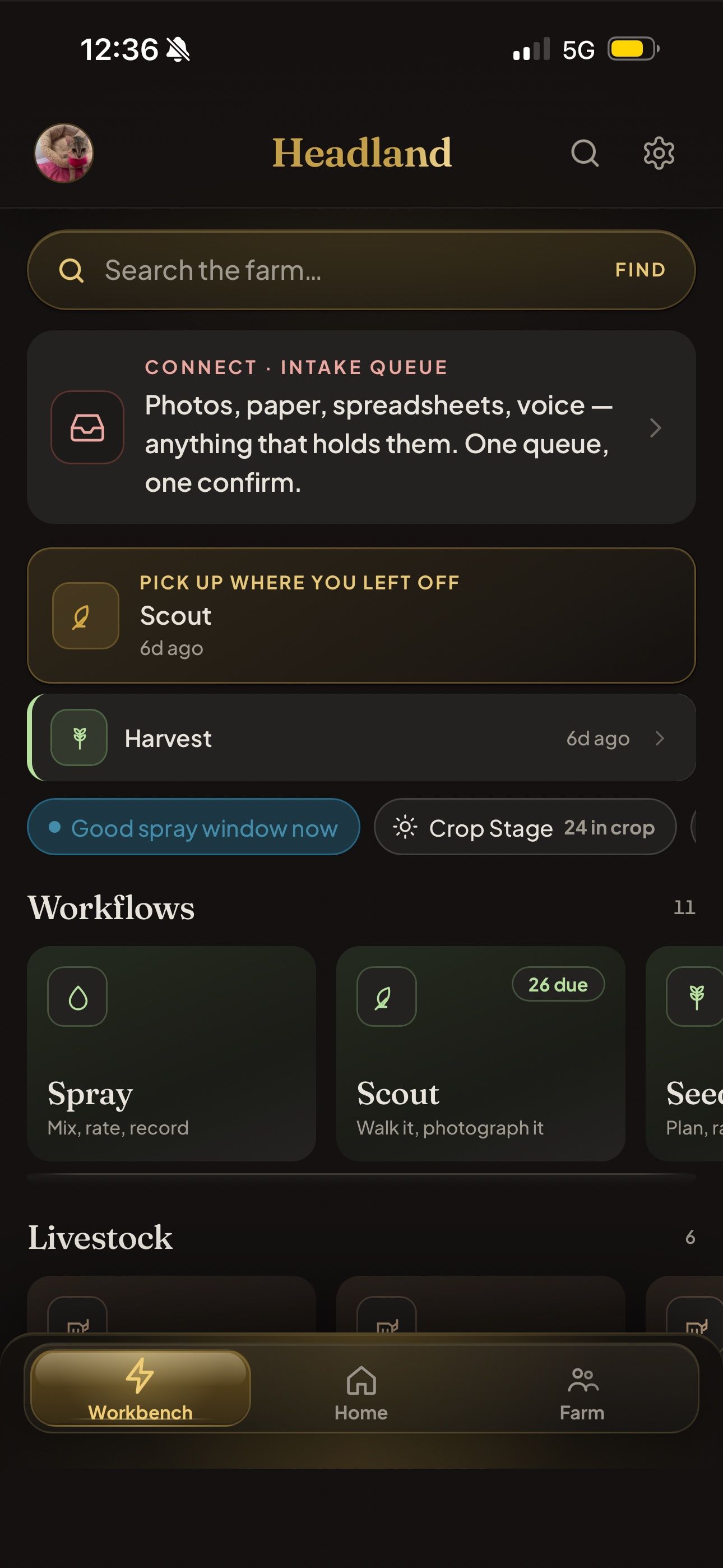 Headland iPhone Workbench with an intake queue, a pick-up-where-you-left-off card, and farm workflows