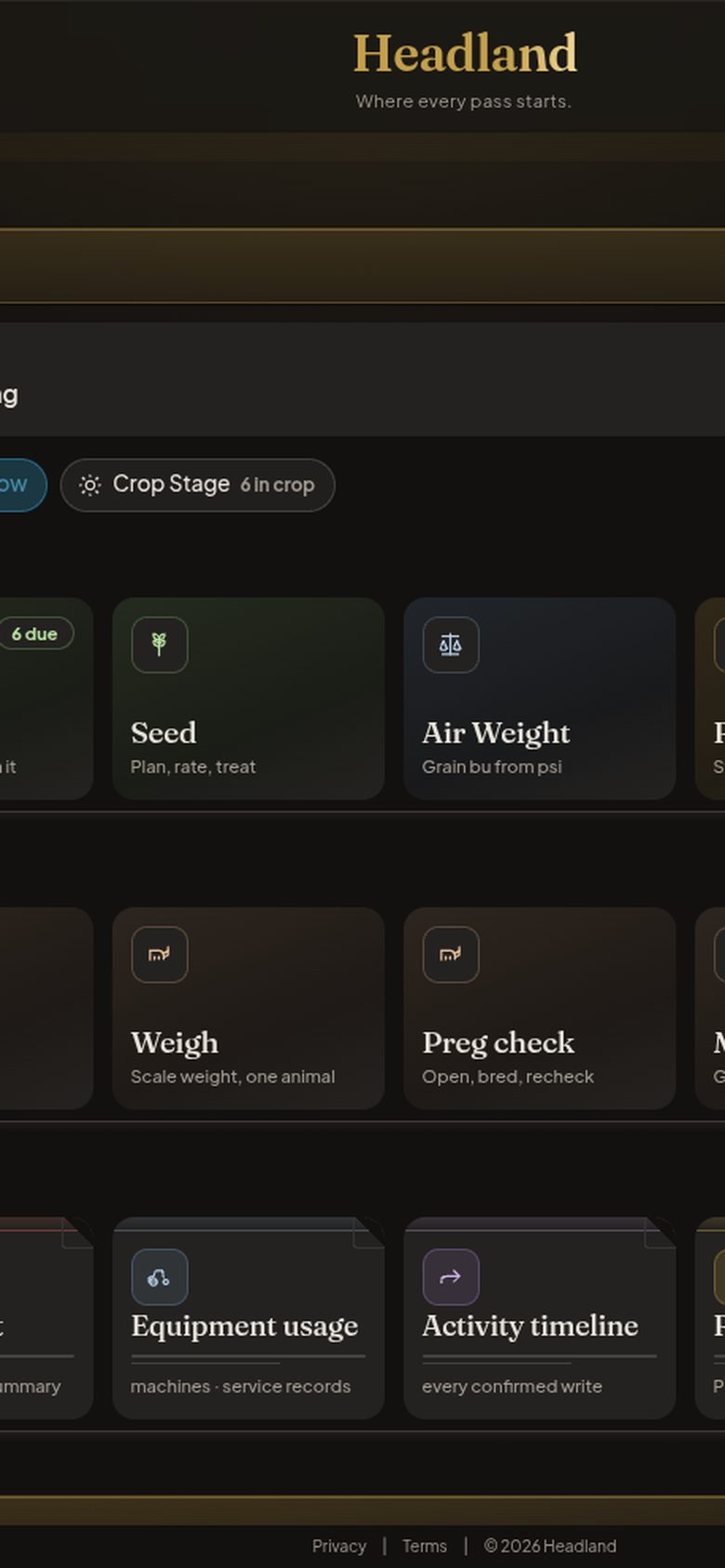 Headland workflows grid showing Seed, Spray, Air Weight, Weigh, Preg check, Equipment usage, and Activity timeline